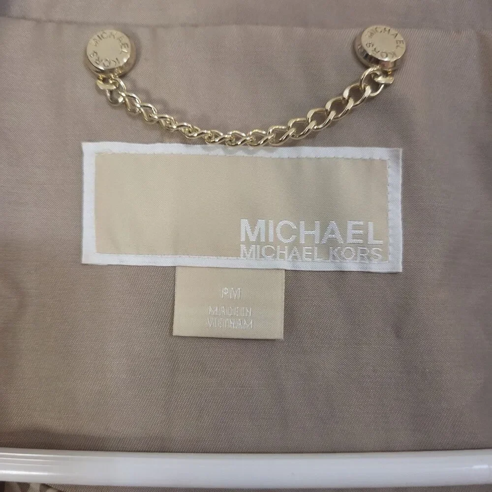 Michael Kors Petite M Khaki Hooded Rain Jacket Lightweight Gold Zip